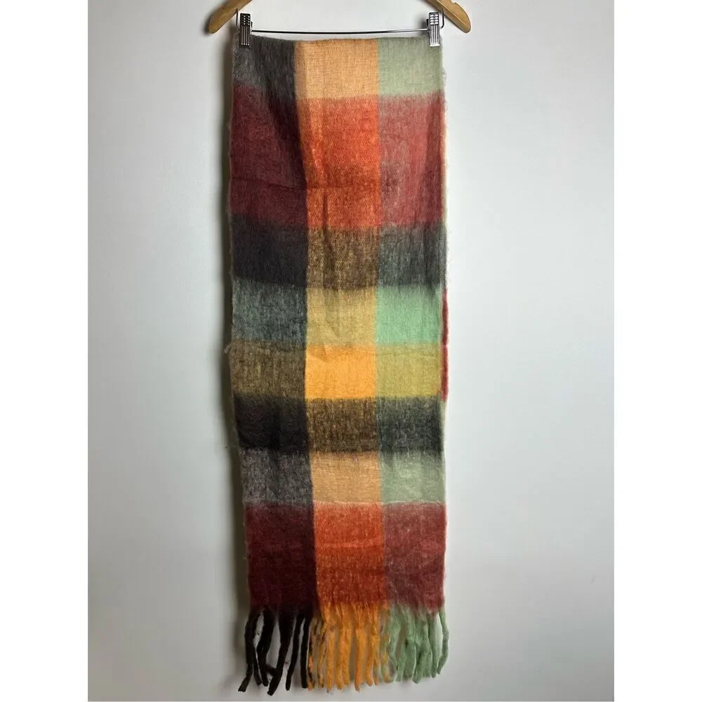 Yellow and Brown CHUNKY CHECKERED SCARF WITH FRINGE